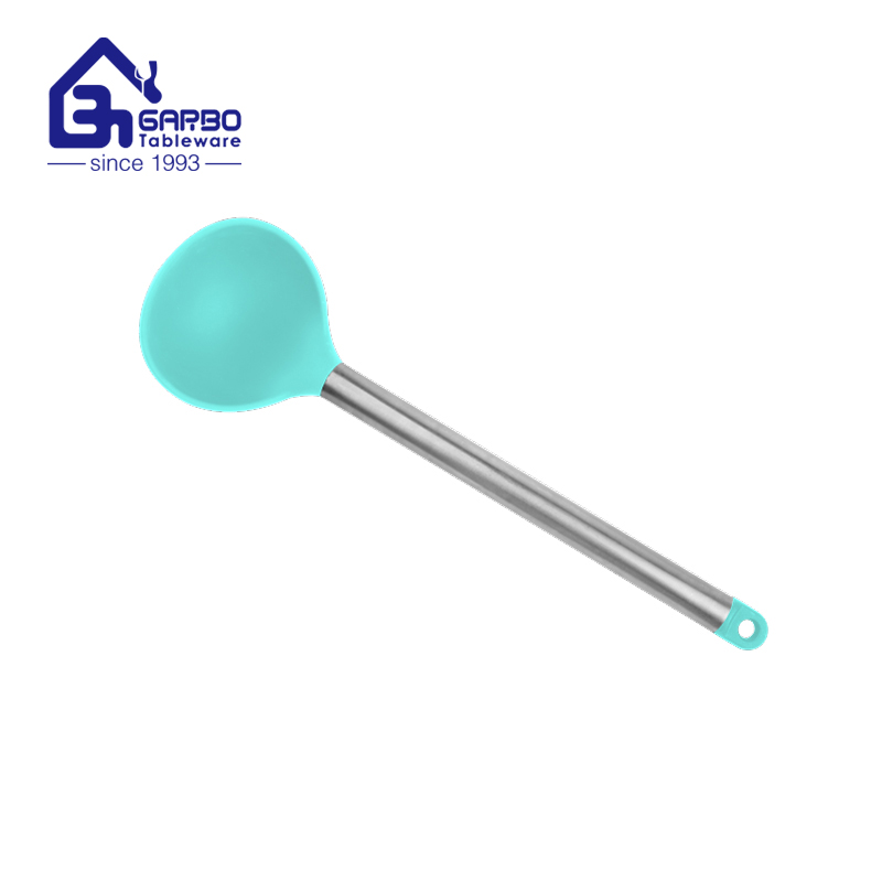 Blue color silicone material soup long handle ladle