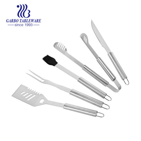 Conjunto de ferramentas de grelha de aço inoxidável simples, mas profissional, com 5 peças, kit de acessórios para utensílios de churrasco, conjunto de presente