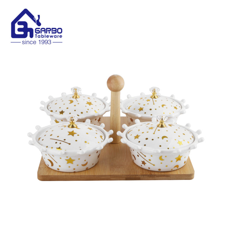 4PCS Set Porcelain snack platter bowls candy dish With Bamboo Tray  Nordic Metallic Star Moon