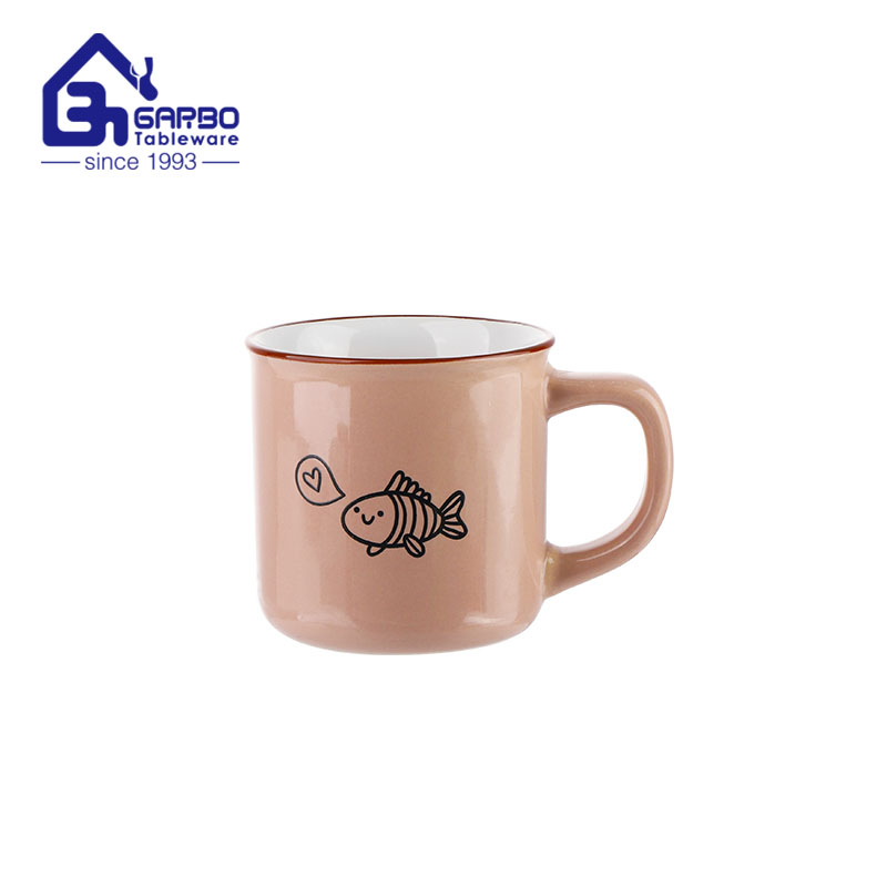 Taza de café de gres de 320 ml con esmaltado de color marrón claro e impresión de calcomanías