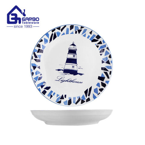 Assiette en porcelaine de conception de phare d'impression de 8 pouces en vrac