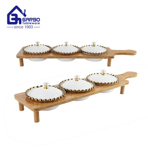 5 inches porcelain bowl sets Wooden Serving Tray Platter for Snacks with Ceramic Bowls 