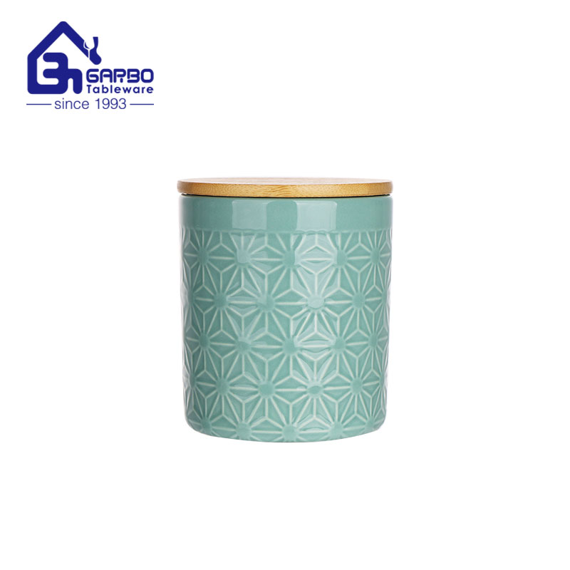 Pot de stockage de couleur bleu dolomite de conception en relief de 530 ml avec couvercle en bambou