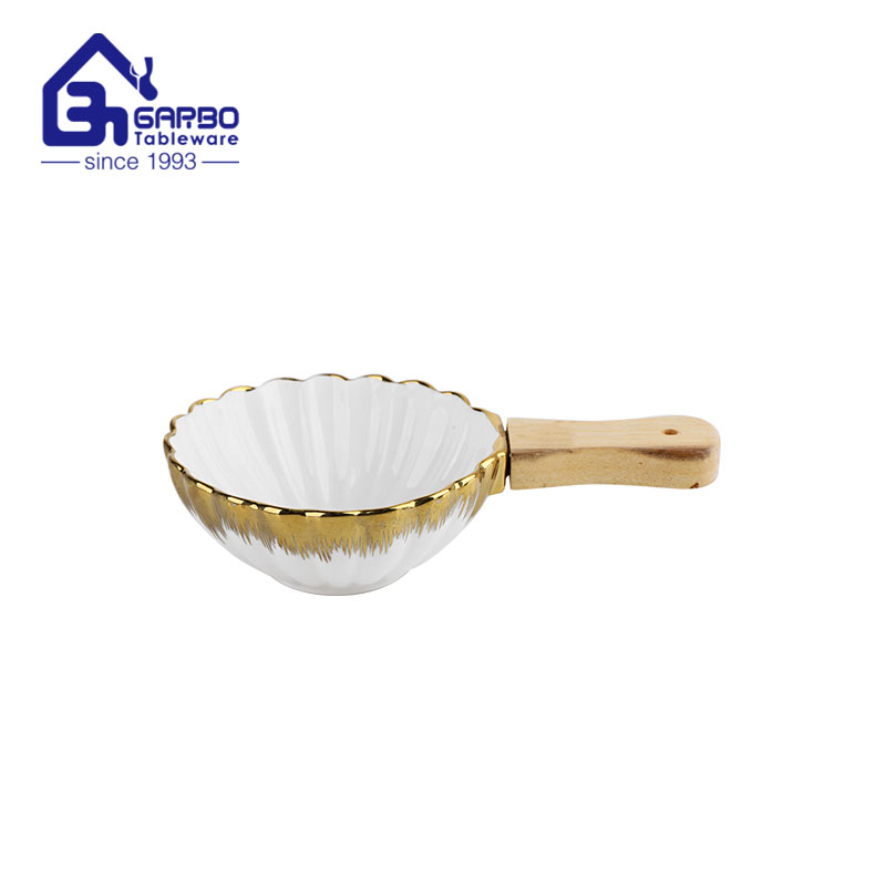 golden decoration porcelain bowls desert bowl with wooden handle