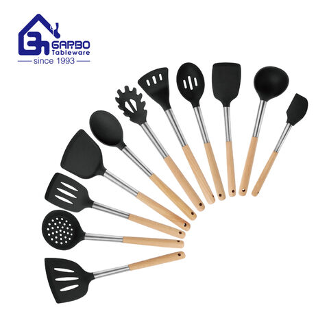 Conjunto de 8 peças de alta qualidade, ferramentas de cozinha de silicone com tampa de bambu