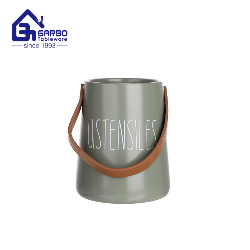 Creative printing design premium porcelain ceramic storage jar with leather handle