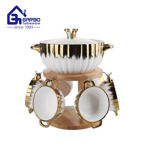 7-teiliges, goldverziertes Porzellan-Suppenschüssel-Set mit Auflaufform