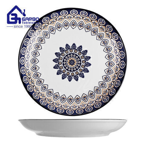 Round shape print ceramic plate flat food dish for kitchen wholesale