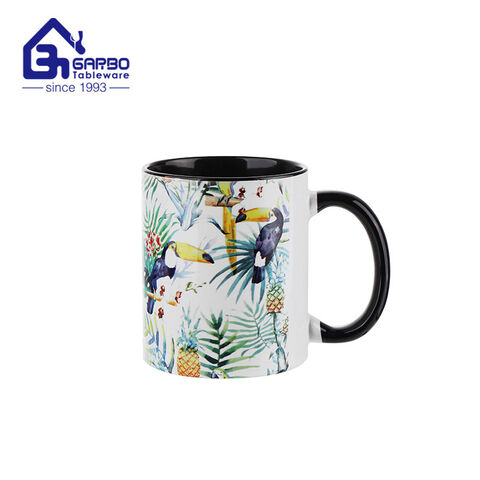 Tasse en céramique avec décalcomanie d'oiseau vif de 350ml, fourniture de Restaurant, avec bord noir, pour thé et café