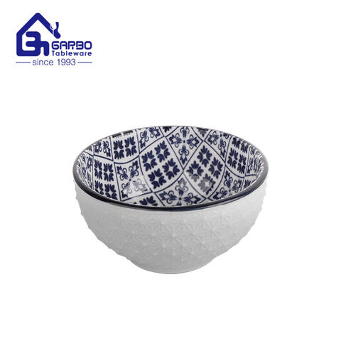Tigela de arroz de porcelana gravada de 4.5 polegadas, pequenas tigelas de cerâmica com louça impressa em cores