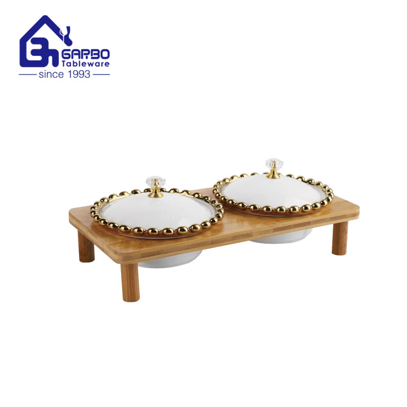 3pcs ceramic bowl set with bamboo tray and gold decal for wholesale