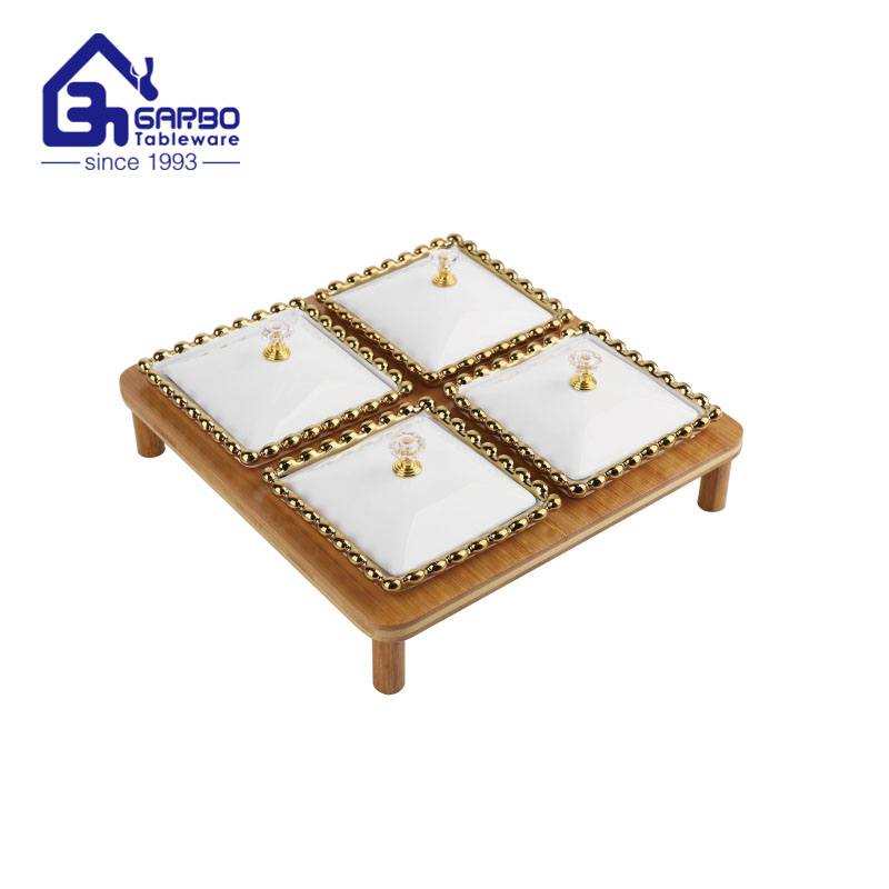 3pcs ceramic bowl set with bamboo tray and gold decal for wholesale