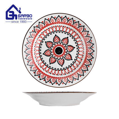 Diseño de impresión negro y rojo plato de sopa profundo de cerámica de forma redonda, plato lateral de porcelana de 8 pulgadas
