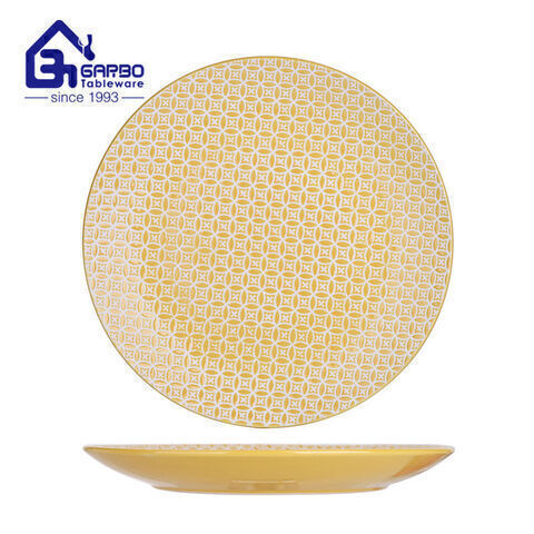 Assiette en grès de 270mm avec décalcomanie de glaçage de couleur jaune pour la vente en gros