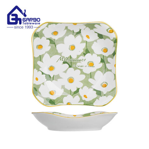 Square Shaped 8.5 inch porcelain dish daisy design ceramic salad plate 