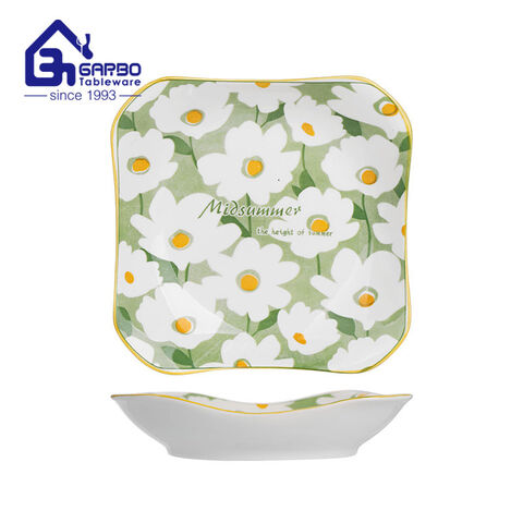 Prato de salada de cerâmica com design de margarida em formato quadrado de porcelana de 8.5 polegadas