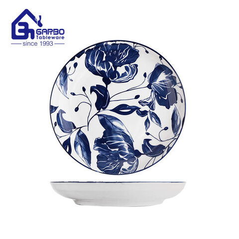 Круглая форма 8-дюймовая керамическая тарелка с фруктами, фарфоровая посуда, синяя ручная роспись, обод