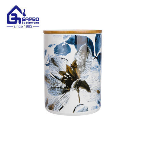 45OZ Printing Logo Porcelain Storage Canister Cylinder Ceramic jar with bamboo cover