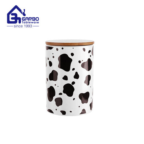 Pot en céramique de cylindre de boîte de stockage de porcelaine de logo de l'impression 45OZ avec la couverture en bambou