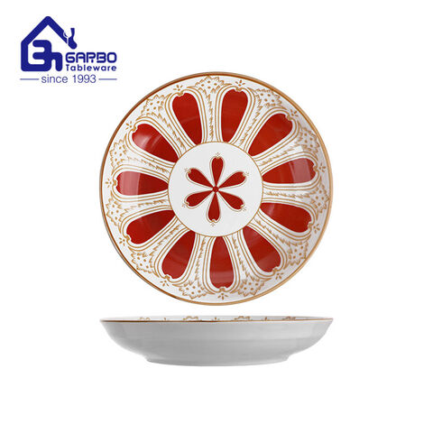 Deep porcelain plate round ceramic dinner food dish with full red flower print design