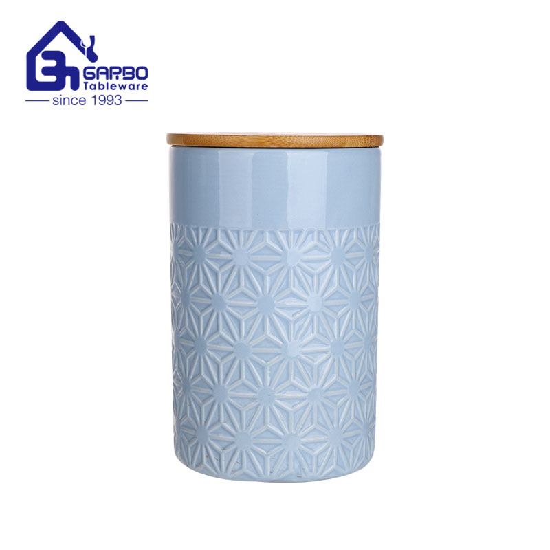 Large Size 1450ml Cylinder Shaped Porcelain Canister Printed Ceramic jar with bamboo lid 