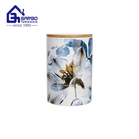 Large Size 1450ml Cylinder Shaped Porcelain Canister Printed Ceramic jar with bamboo lid 