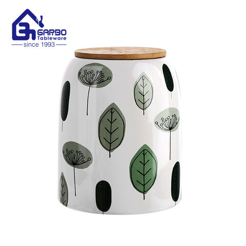 Pot en céramique imprimé par bidon en porcelaine en forme de cylindre de grande taille 1450 ml avec couvercle en bambou