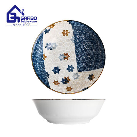 Tigela de sopa de porcelana branca azul sublimada de 7 polegadas