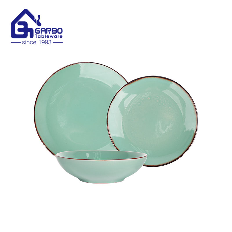 Green colored glazed 12pcs ceramic dinner set stoneware plate bowl set with colored band   