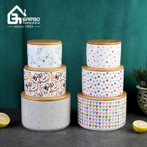 Frasco de armazenamento de cerâmica com estampa de decalque curto redondo com tampa de bambu conjunto de potes de comida de porcelana