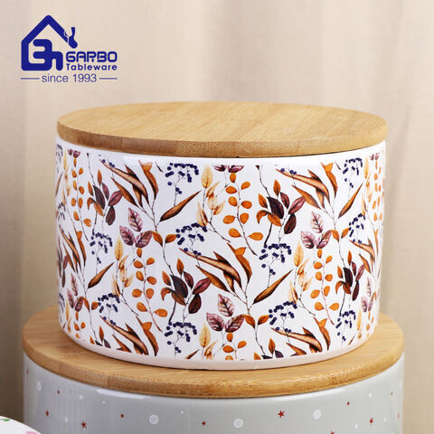 Yuvarlak kısa çıkartma baskı seramik saklama kavanozu bambu kapaklı porselen yiyecek kavanozları seti