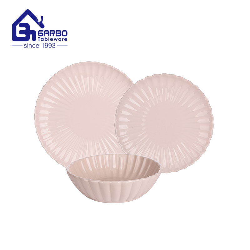 Розовый глазурованный керамический обеденный сервиз из 12 предметов, керамическая тарелка, набор чаш с дизайном линий