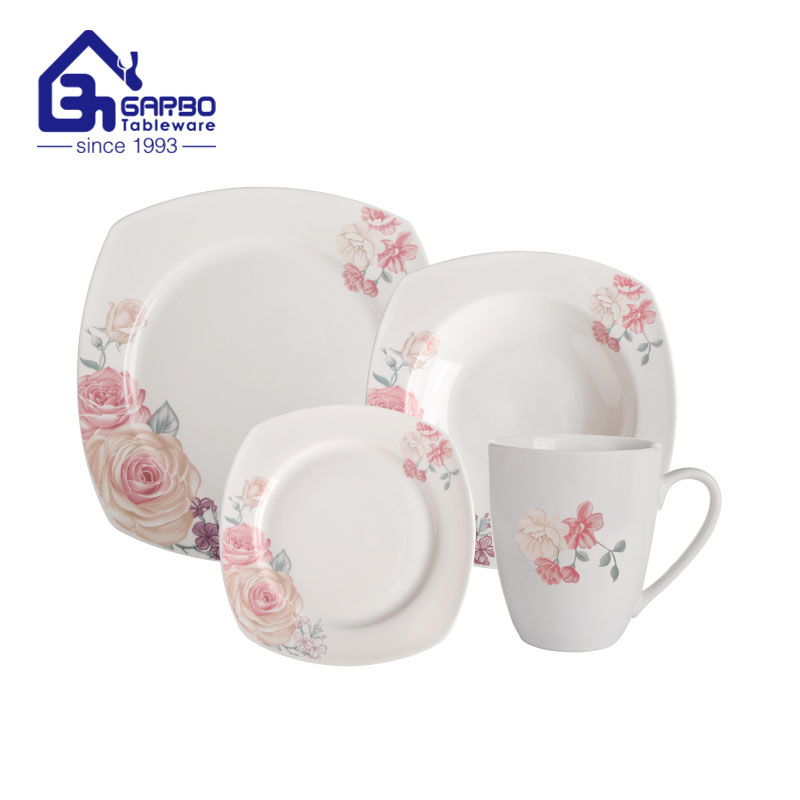 Pink colored glazed 12pcs ceramic dinner set stoneware plate bowl set with lines design