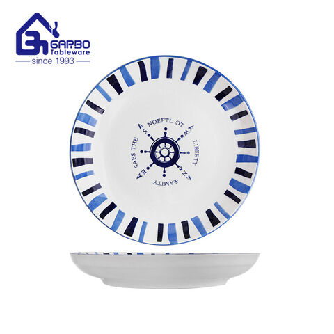 Pratos de porcelana de prato de arroz de cerâmica redondos de 8.15 polegadas com design azul sob vidrado