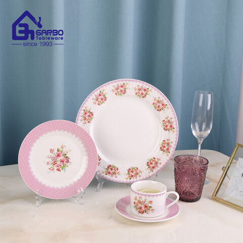 Conjunto de jantar de cerâmica com 24 peças, tigela de arroz e caneca de café com decalque de flor rosa