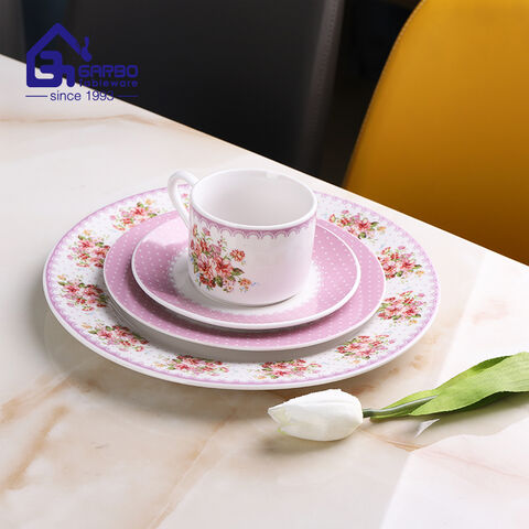 Juego de cena de cerámica de 24 piezas, cuenco de arroz y plato, taza de café con calcomanía de flor rosa