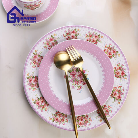 Juego de cena de cerámica de 24 piezas, cuenco de arroz y plato, taza de café con calcomanía de flor rosa