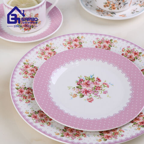 Service de table en céramique 24 pièces, bol à riz et assiette, tasse à café avec décalcomanie de fleur rose