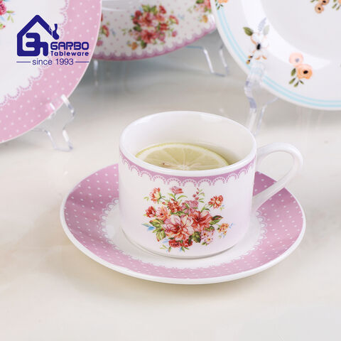 24-teiliges Keramik-Geschirrset, Reisschüssel und Teller, Kaffeebecher mit rosa Blumenaufkleber