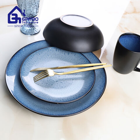 Bulk order black blue color 16pcs ceramic tableware dinner set 