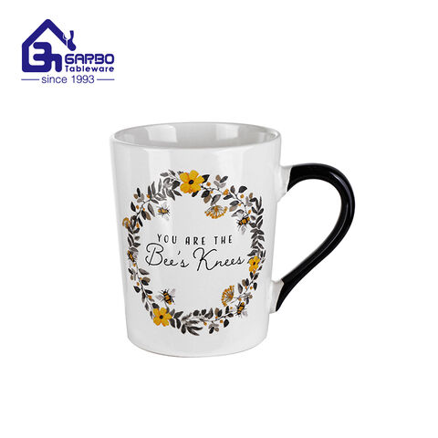 White Printing stoneware coffee tea mug 300ml ceramic cup for drink water milk
