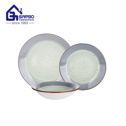 Sistema de cena de cerámica verde de la promoción de la fábrica del sistema de la placa y del cuenco del gres 12pcs