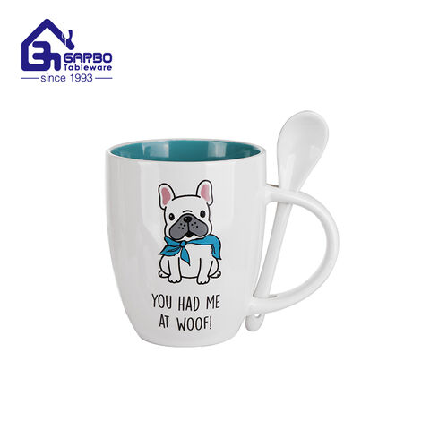 340ml cartoon printing stoneware mug with inner green color and spoon factory from China