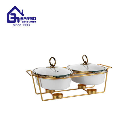 2 buah set mangkuk porselen casserole porselen dengan dudukan emas untuk mesin pencuci piring dan microwave