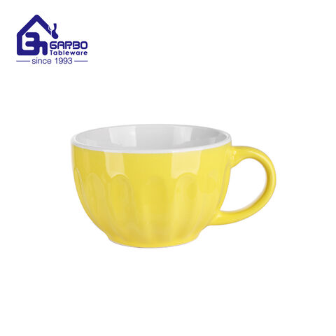 460ml embossed ceramic mug with yellow outside and white inside factory from China