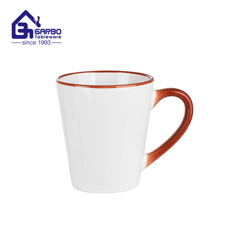 Taza de café de gres en línea al por mayor con asa Tazas de cerámica de 330 ml con borde rojo pintadas a mano