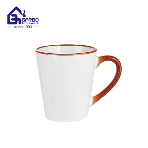 Caneca de café de grés online por atacado com alça Canecas de cerâmica de 330ml com borda vermelha pintada à mão