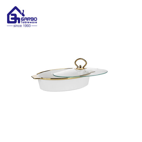 Conjunto de caçarolas de porcelana oval de 260 mm em cerâmica dourada com alça