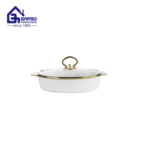 260mm oval shaped porcelain casseroles golden ceramic bowl set with handle