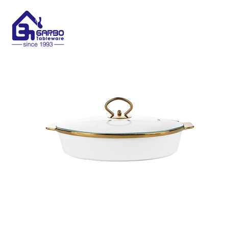 260mm oval shaped porcelain casseroles golden ceramic bowl set with handle